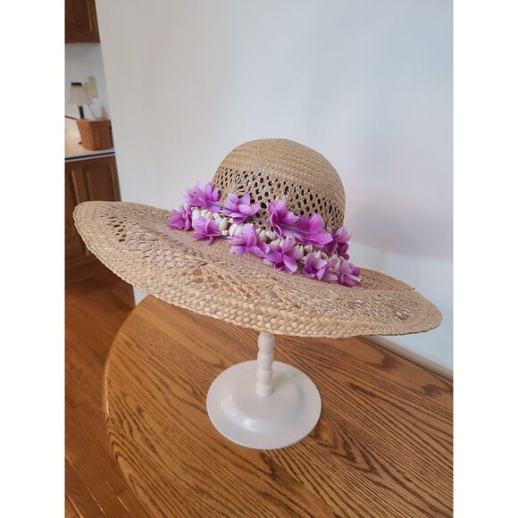 Vintage Raffia Straw Sun Hat Open Cane Weave Round Crown Wide Brim Shell Band - Picture 2 of 10